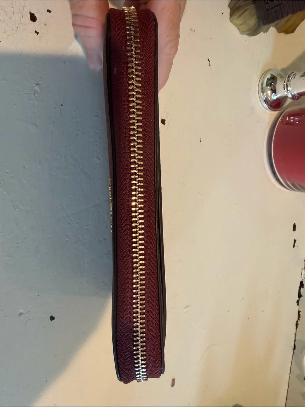 Kate Spade New York Glitter Zip Around Continental Wallet Burgundy Plum Gold
